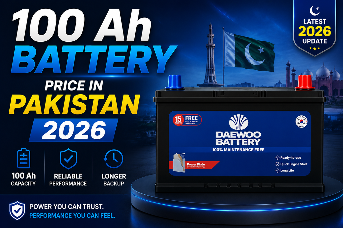 A promotional graphic for a 100 Ah Daewoo Battery, featuring the battery on a glowing pedestal against a dark blue night sky with the Pakistan flag 