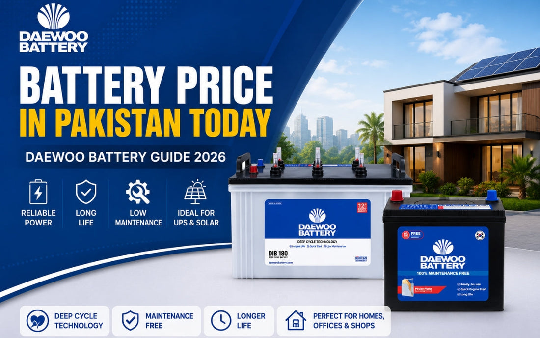 Daewoo deep cycle UPS battery and black maintenance-free car battery in front of a solar-powered modern house