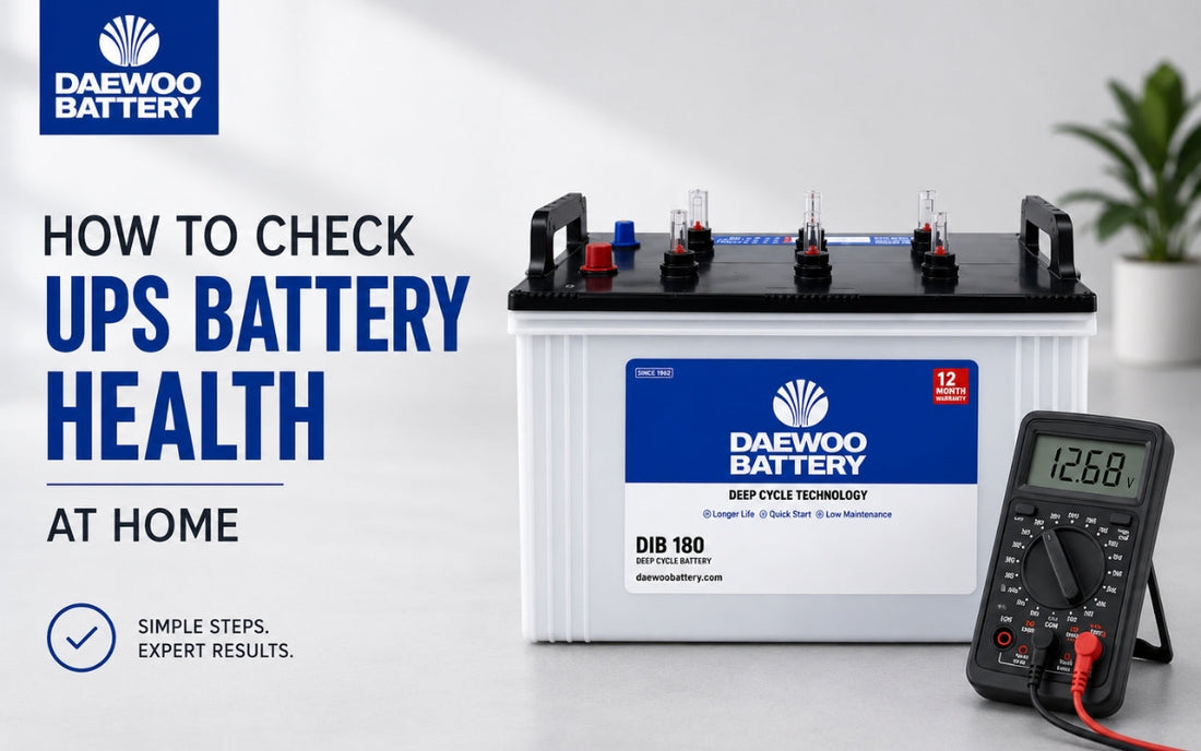 Daewoo DIB 180 UPS battery being checked at home with a digital multimeter reading 12.68 volts