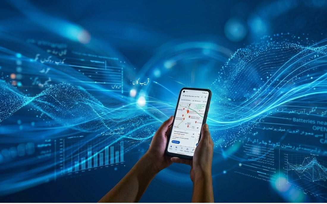 Hands holding a smartphone showing a Google Maps search for nearby car battery shops on a digital blue background