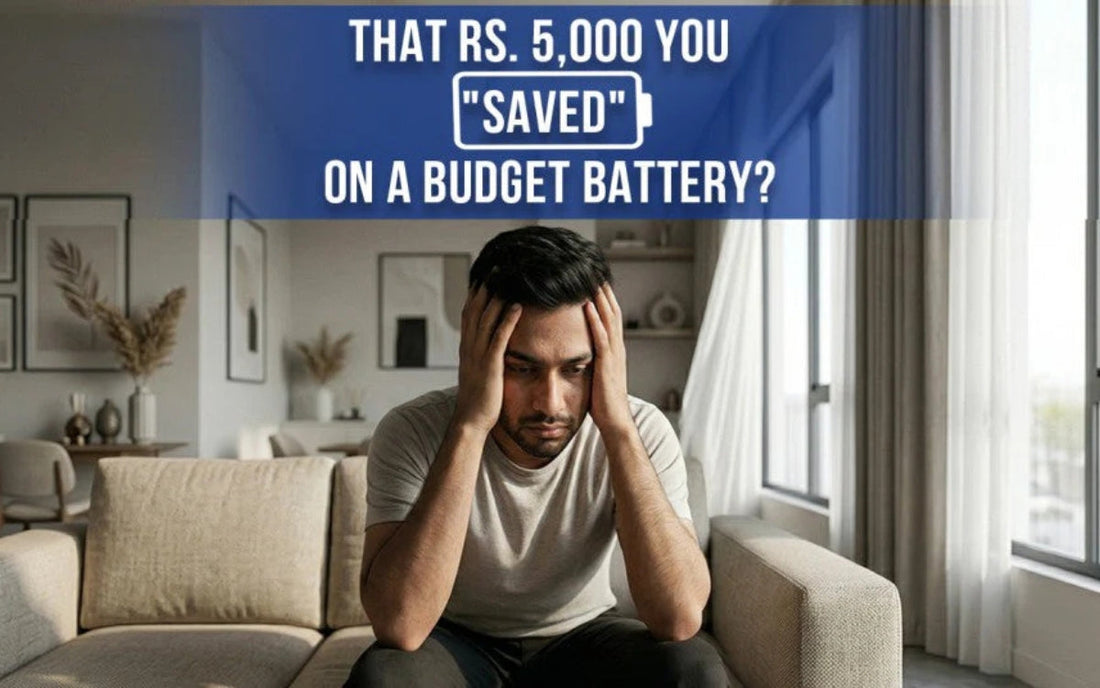 Worried man holding his head on a sofa, with text questioning the money saved on a cheap budget battery