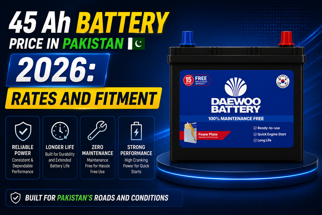 A Daewoo Battery 45 Ah battery, featuring a black battery pack with a blue and red top cap on a dark blue background. Large text reads '45 Ah BATTERY PRICE IN PAKISTAN 2026: RATES AND FITMENT'.