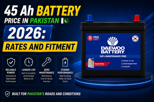 A Daewoo Battery 45 Ah battery, featuring a black battery pack with a blue and red top cap on a dark blue background. Large text reads '45 Ah BATTERY PRICE IN PAKISTAN 2026: RATES AND FITMENT'.