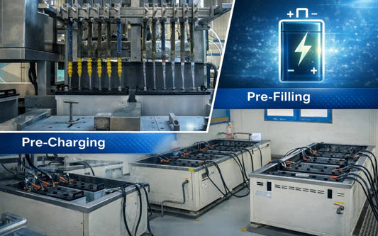 Battery factory showing pre-filling machinery and rows of pre-charging tanks, labelled Pre-Filling and Pre-Charging