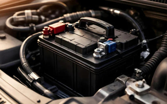 Close-up of a car battery installed in a vehicle engine bay with red positive and blue negative terminal caps
