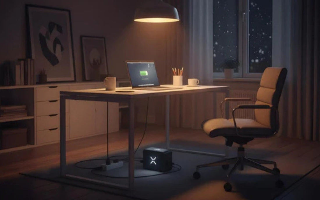 Laptop on a home office desk at night running on a backup battery unit during a power outage