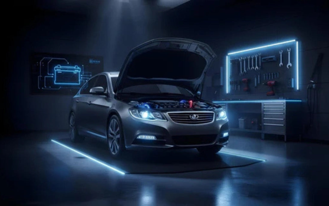 Silver Daewoo sedan with its hood open in a futuristic garage with a glowing blue battery diagram on the wall