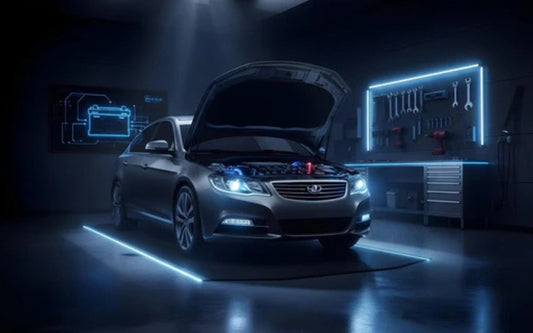 Silver Daewoo sedan with its hood open in a futuristic garage with a glowing blue battery diagram on the wall
