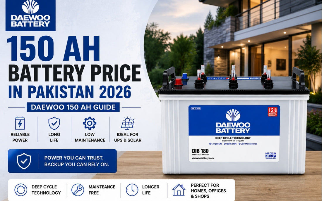 Daewoo DIB 180 150 Ah deep cycle battery shown in front of a modern home with reliability and low-maintenance feature icons