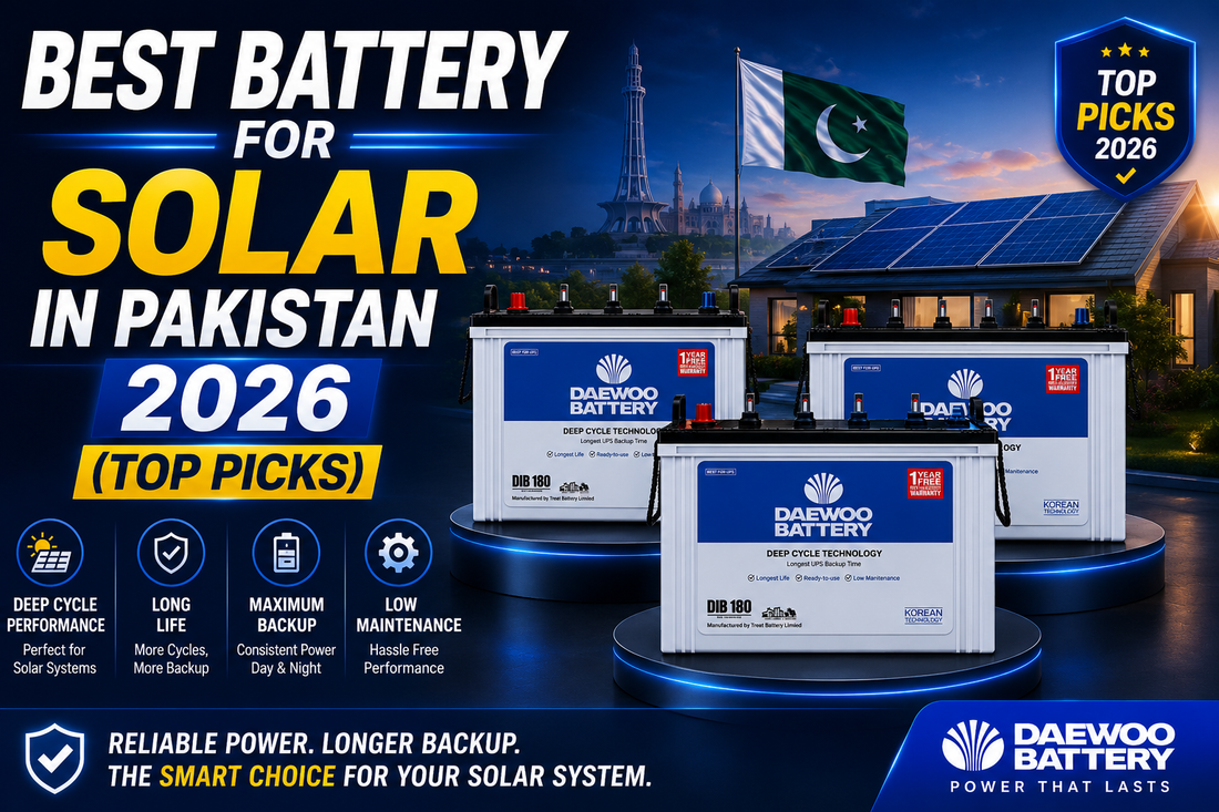 Promotional graphic for Daewoo Battery solar batteries, showing three white and blue battery units on a dark stage with a solar panel setup, a Pakistani flag, and large marketing text reading 'BEST BATTERY FOR SOLAR IN PAKISTAN 2026 (TOP PICKS)