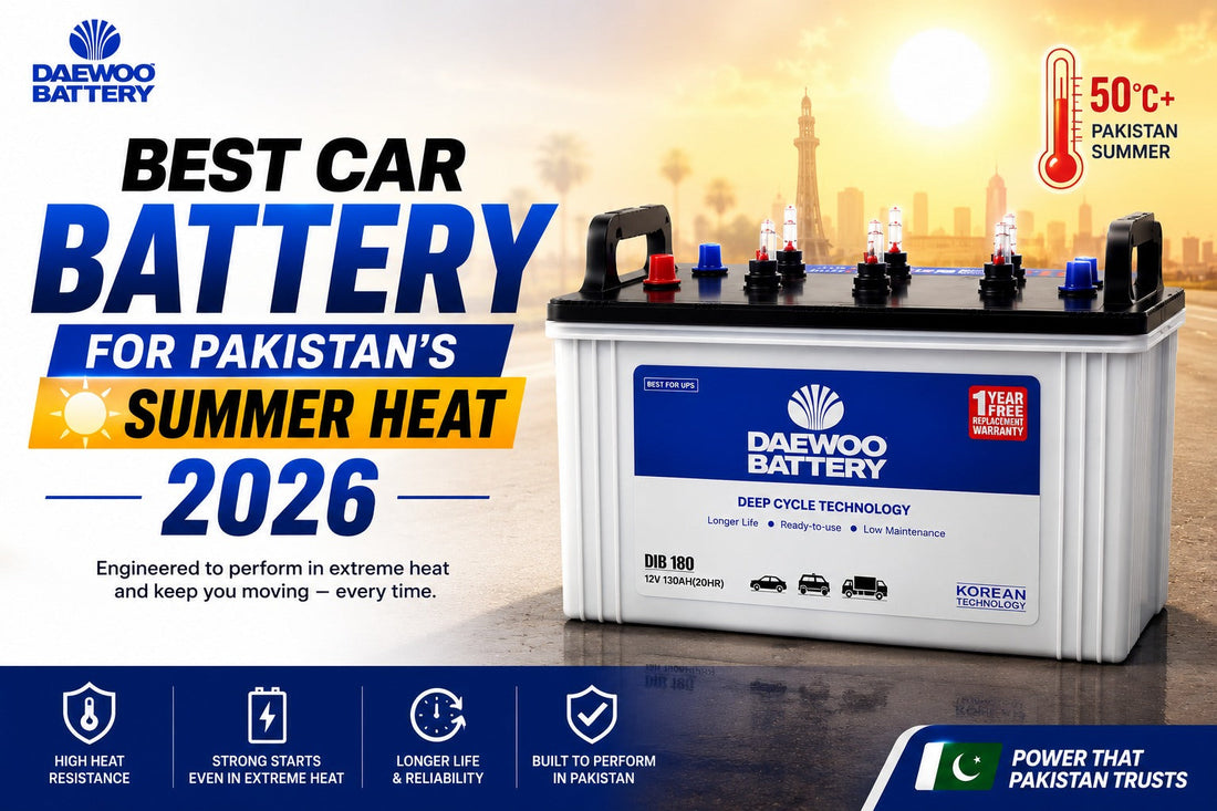 A promotional graphic for a Daewoo Battery car battery, featuring the battery on the right against a warm sunset cityscape background.