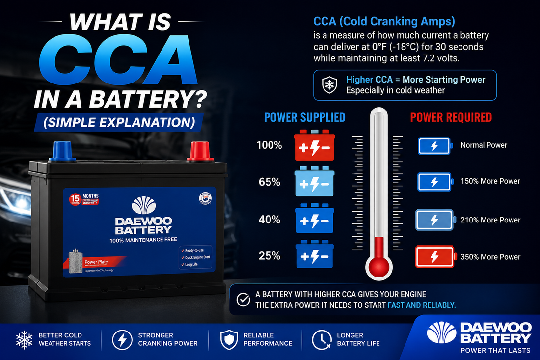 Promotional infographic for a Daewoo Battery explaining CCA (Cold Cranking Amps) with a large battery product on the left and explanatory text and thermometer-style power scales on the right, set against a dark blue background.