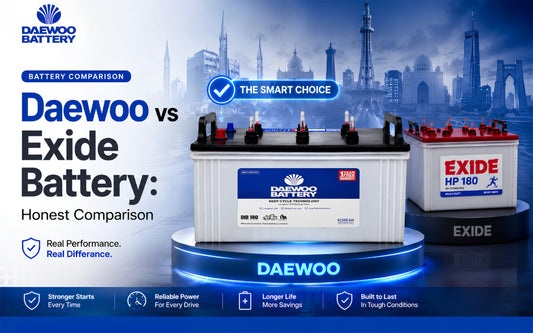 Featured comparison between Daewoo and Exide car batteries showcasing Daewoo Battery as the preferred option for Pakistani drivers in 2026.