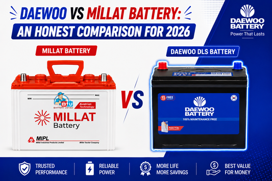 A promotional comparison graphic for Daewoo vs Millat batteries, showing two battery products side by side on a blue and white background with marketing text and feature icons.