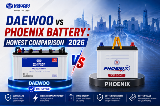 Showing two Daewoo batteries: a blue-tinted DAECOO battery on a blue pedestal and a white Phoenix XP50+L battery on a black pedestal. Large text reads 'DAEWOO vs PHOENIX BATTERY: HONEST COMPARISON 2026' with a city skyline in the background.