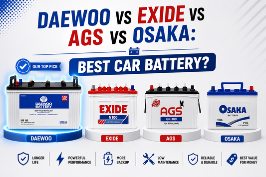 Comparison of Daewoo, Exide, AGS, and Osaka car batteries with brand names and features listed.