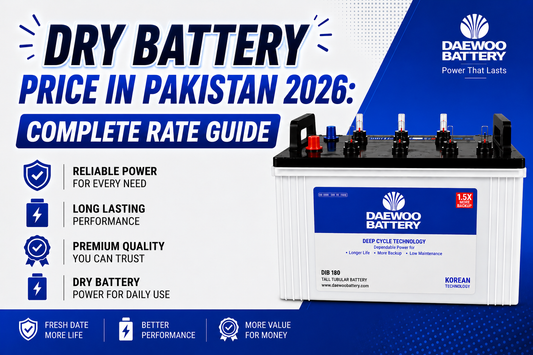 Promotional graphic for a Daewoo Battery dry battery, featuring a white and blue battery unit on the right, with large text on the left reading 'DRY BATTERY PRICE IN PAKISTAN 2026: COMPLETE RATE GUIDE' and feature icons below.