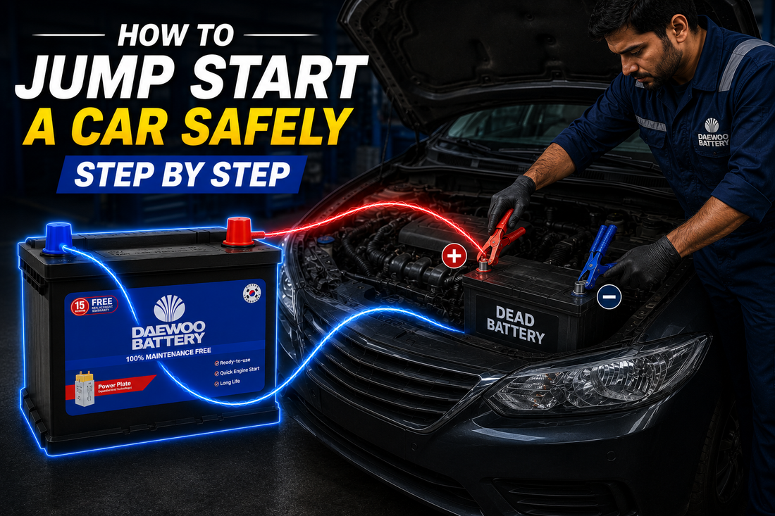 Promotional graphic showing a Daewoo Battery next to an open car hood with a mechanic connecting red and blue jumper cables to jump start a dead battery. Large text reads 'HOW TO JUMP START A CAR SAFELY STEP BY STEP'.