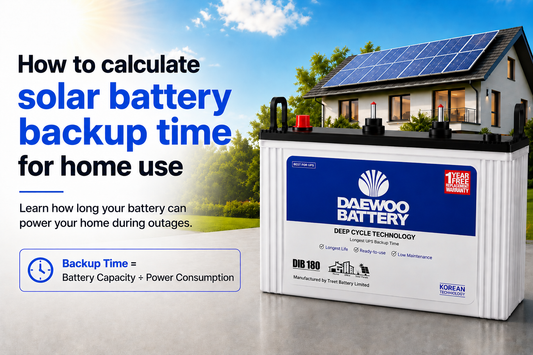 Daewoo battery with solar panel on house roof and text about calculating solar battery backup time for home use.