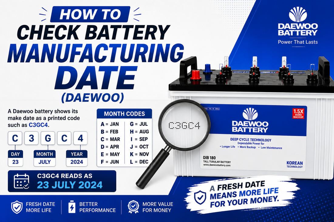 Promotional infographic for a Daewoo Battery showing how to check the manufacturing date using a magnifying glass over the printed code on the battery label. 