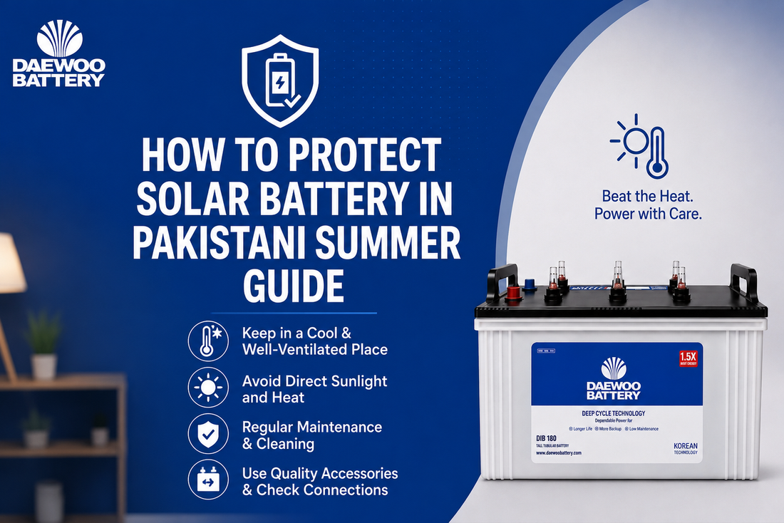 A promotional infographic for a Daewoo Battery titled 'HOW TO PROTECT SOLAR BATTERY IN PAKISTANI SUMMER GUIDE' on a blue and white background, with a photo of a solar battery on the right and text tips on the left.