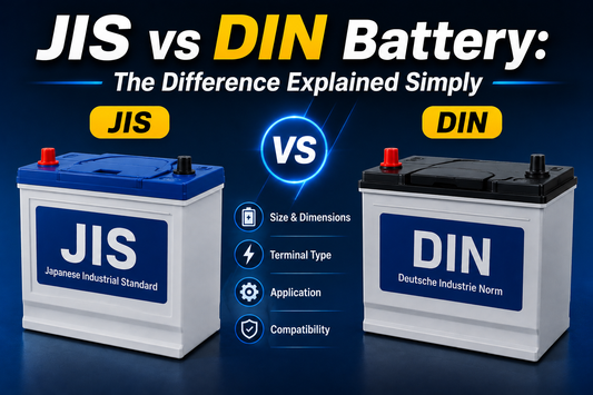 The image shows two batteries side-by-side, one labeled 'JIS' (Japanese Industrial Standard) with a blue top and white body, and the other labeled 'DIN' (Deutsche Industrie Norm) with a black top and white body.