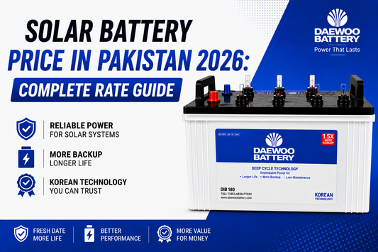 Promotional graphic for a Daewoo Battery solar battery, featuring the product on the right and large marketing text on the left about solar battery prices in Pakistan 2026.