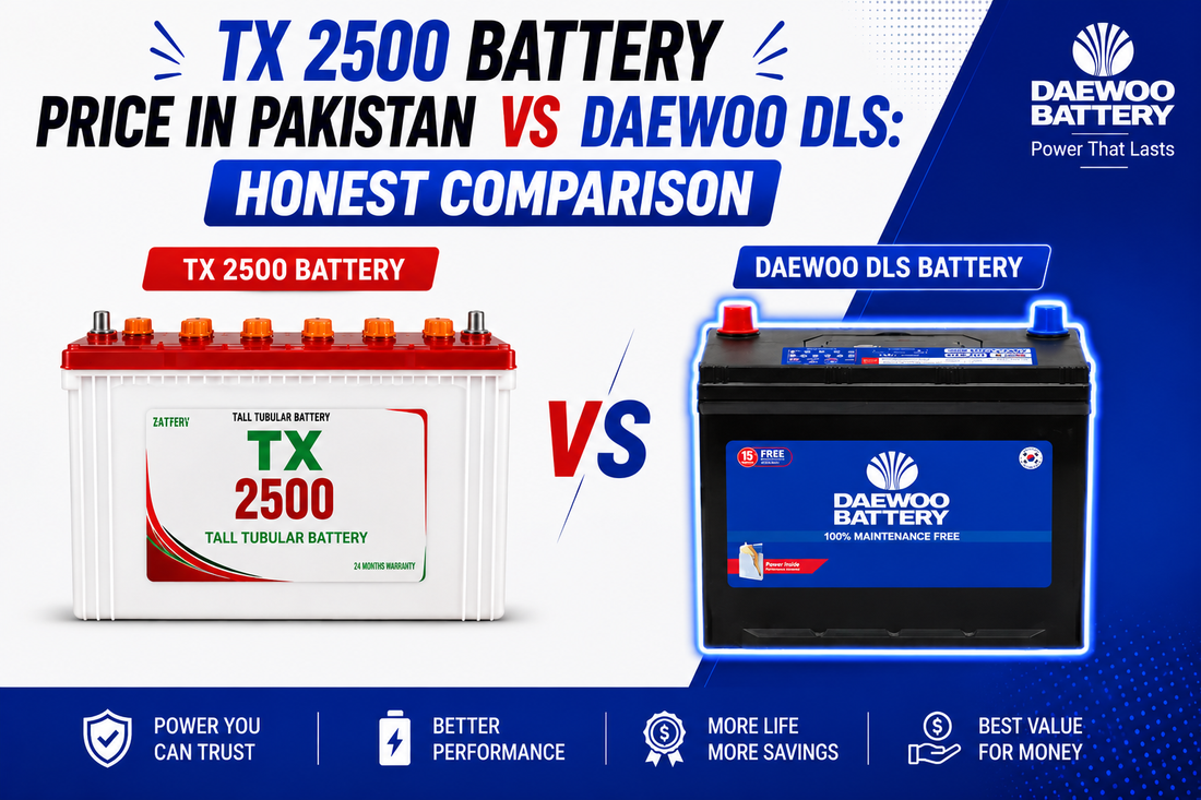 A promotional comparison graphic for batteries in Pakistan, showing a TX 2500 battery on the left and a Daewoo DLS battery on the right. Large text at the top reads 'TX 2500 BATTERY PRICE IN PAKISTAN VS DAEWOO DLS: HONEST COMPARISON.