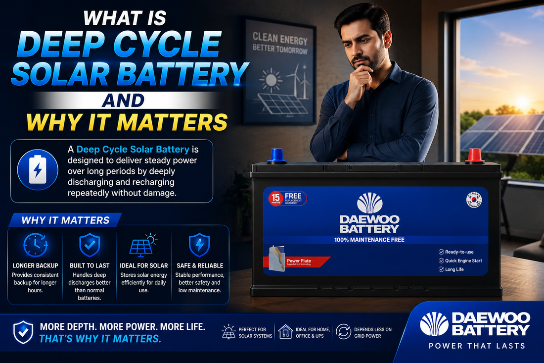 A promotional graphic for a Daewoo Battery deep cycle solar battery. The image features a man in a dark room looking thoughtfully, with solar panels visible in the background.