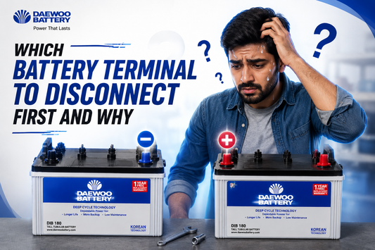  A confused man in a denim shirt pointing his finger at the text and question marks in the air. The image includes the text 'WHICH BATTERY TERMINAL TO DISCONNECT FIRST AND WHY' .