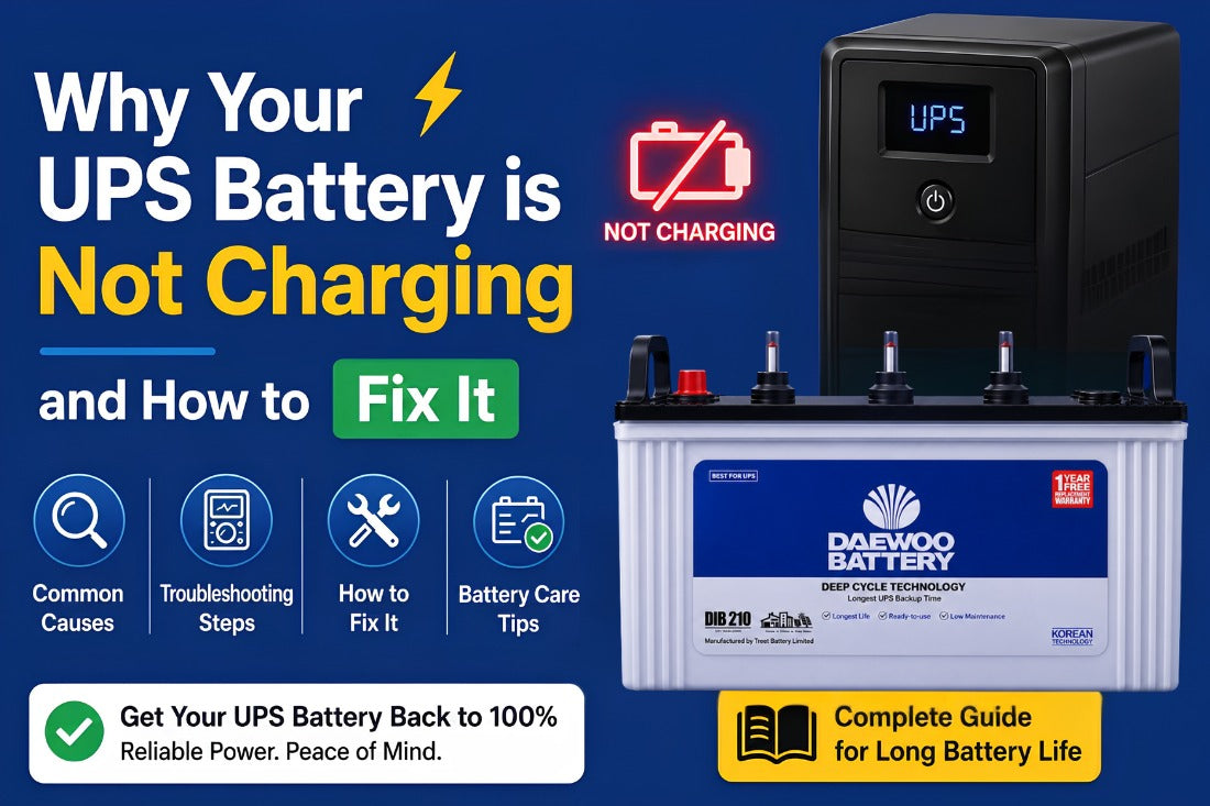 Daewoo DB 180 deep cycle battery beside a home UPS unit with a red 'not charging' battery warning symbol