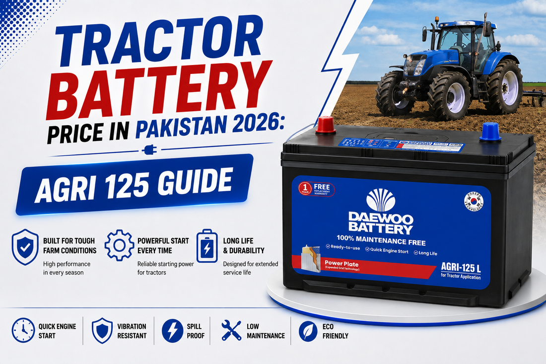 Promotional graphic for a Daewoo Battery AGRI-125 L tractor battery, featuring a blue tractor in a field, large text reading 'TRACTOR BATTERY' and 'PRICE IN PAKISTAN 2026: AGRI 125 GUIDE', and feature icons at the bottom.