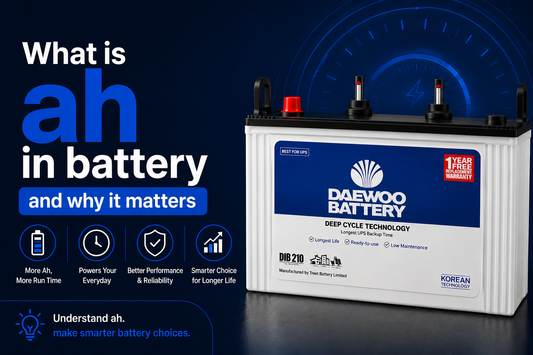 Daewoo battery with text explaining 'ah' in battery and its importance on a dark background