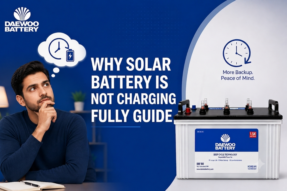 Promotional graphic for a Daewoo Battery solar battery guide, featuring a man in a blue sweater looking thoughtful on the left, large white text reading 'WHY SOLAR BATTERY IS NOT CHARGING FULLY GUIDE' in the center.