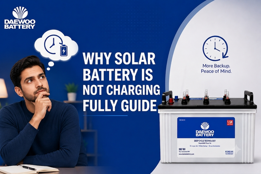 Promotional graphic for a Daewoo Battery solar battery guide, featuring a man in a blue sweater looking thoughtful on the left, large white text reading 'WHY SOLAR BATTERY IS NOT CHARGING FULLY GUIDE' in the center.